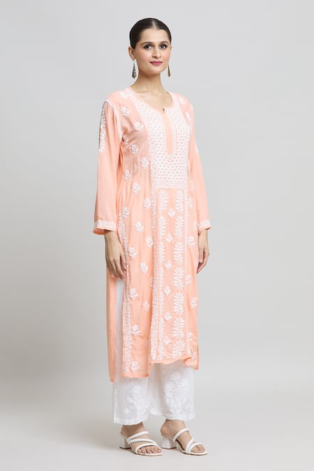 Buy_Samyukta Singhania_Orange Modal, Cotton Embroidery Split V-neck Chikankari Floral Kurta _Online_at_Aza_Fashions