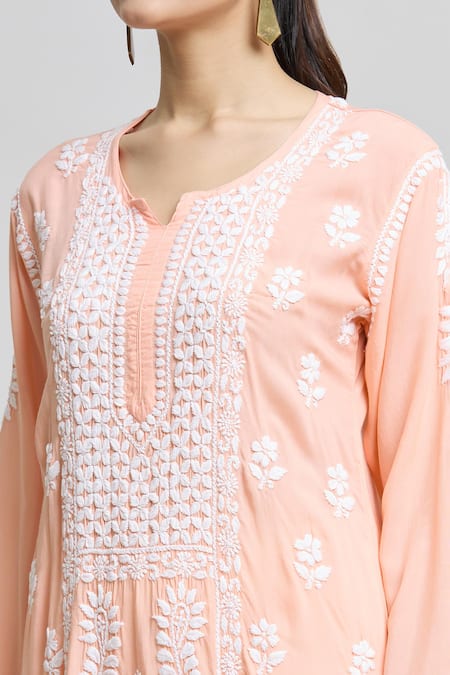 Shop_Samyukta Singhania_Orange Modal, Cotton Embroidery Split V-neck Chikankari Floral Kurta _Online_at_Aza_Fashions