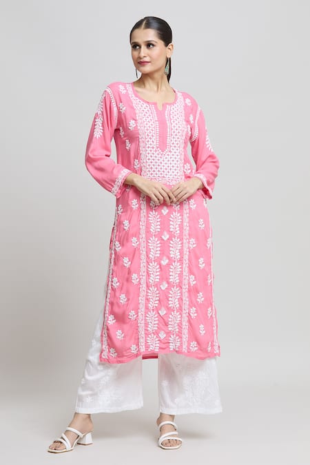 Samyukta Singhania Pink Modal Cotton Embroidered Thread Notched Floral Chikankari Kurta 