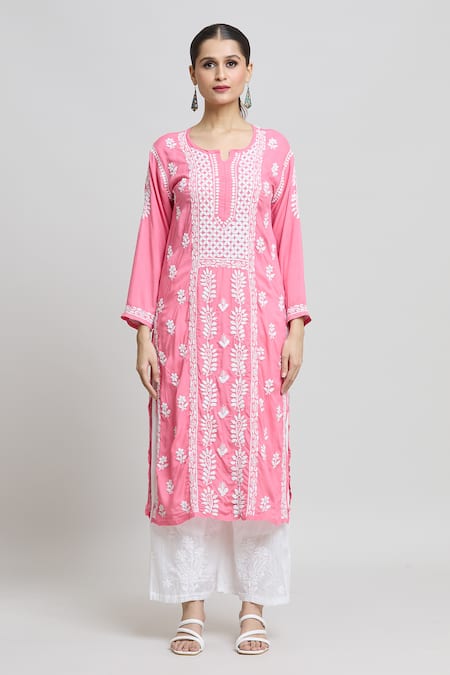 Samyukta Singhania Pink Modal, Cotton Embroidery Split V-neck Floral Chikankari Kurta Online at Aza Fashions Samyukta Singhania_Pink Modal, Cotton Embroidery Split V-neck Floral Chikankari Kurta _Online_at_Aza_Fashions