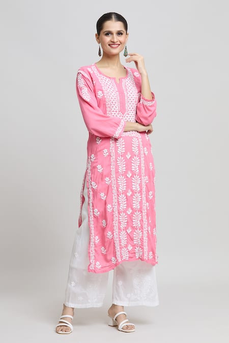 Buy Samyukta Singhania Pink Modal, Cotton Embroidery Split V-neck Floral Chikankari Kurta Online at Aza Fashions Buy_Samyukta Singhania_Pink Modal, Cotton Embroidery Split V-neck Floral Chikankari Kurta _Online_at_Aza_Fashions