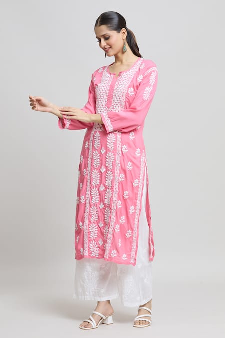 Shop Samyukta Singhania Pink Modal, Cotton Embroidery Split V-neck Floral Chikankari Kurta Online at Aza Fashions Shop_Samyukta Singhania_Pink Modal, Cotton Embroidery Split V-neck Floral Chikankari Kurta _Online_at_Aza_Fashions