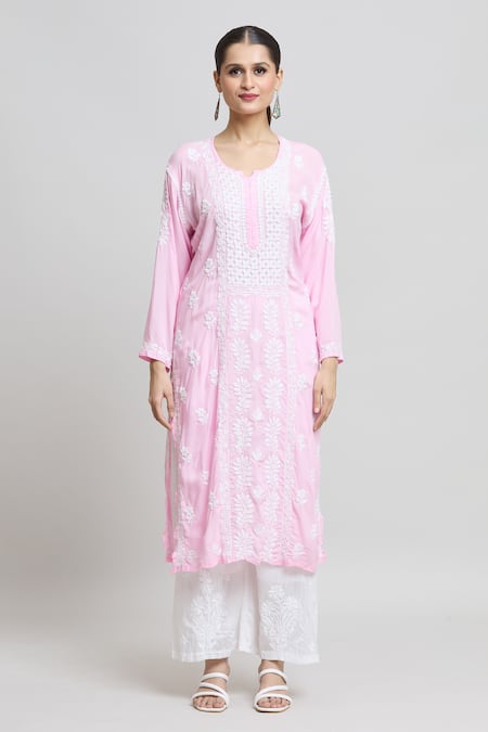 Samyukta Singhania Pink Modal, Cotton Embroidery Split V-neck Straight Kurta Online at Aza Fashions Samyukta Singhania_Pink Modal, Cotton Embroidery Split V-neck Straight Kurta _Online_at_Aza_Fashions