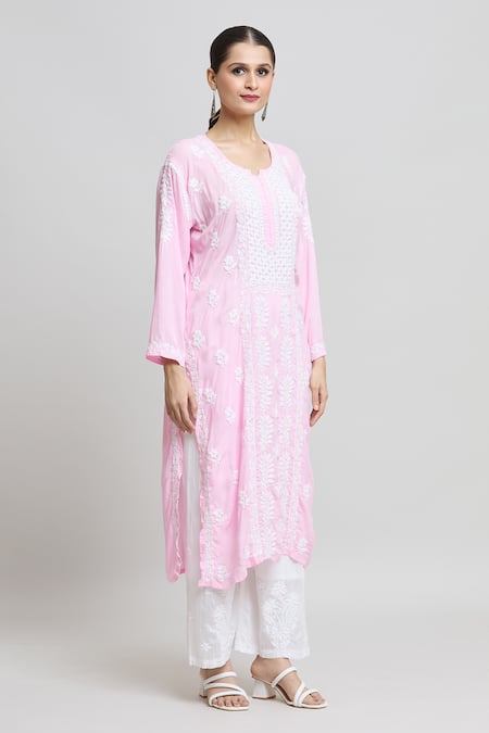 Buy Samyukta Singhania Pink Modal, Cotton Embroidery Split V-neck Straight Kurta Online at Aza Fashions Buy_Samyukta Singhania_Pink Modal, Cotton Embroidery Split V-neck Straight Kurta _Online_at_Aza_Fashions