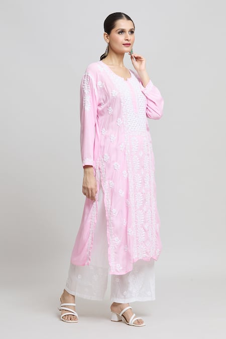 Shop Samyukta Singhania Pink Modal, Cotton Embroidery Split V-neck Straight Kurta Online at Aza Fashions Shop_Samyukta Singhania_Pink Modal, Cotton Embroidery Split V-neck Straight Kurta _Online_at_Aza_Fashions