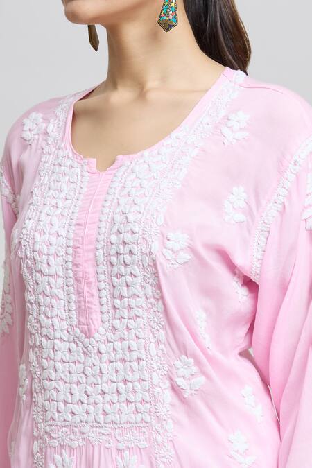 Samyukta Singhania Pink Modal, Cotton Embroidery Split V-neck Straight Kurta at Aza Fashions Samyukta Singhania_Pink Modal, Cotton Embroidery Split V-neck Straight Kurta _at_Aza_Fashions