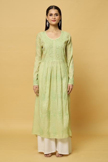 Samyukta Singhania Green Faux Leather Embroidery Round Neck Bloom Thread And Mukaish Kurta Online at Aza Fashions Samyukta Singhania_Green Faux Leather Embroidery Round Neck Bloom Thread And Mukaish Kurta _Online_at_Aza_Fashions