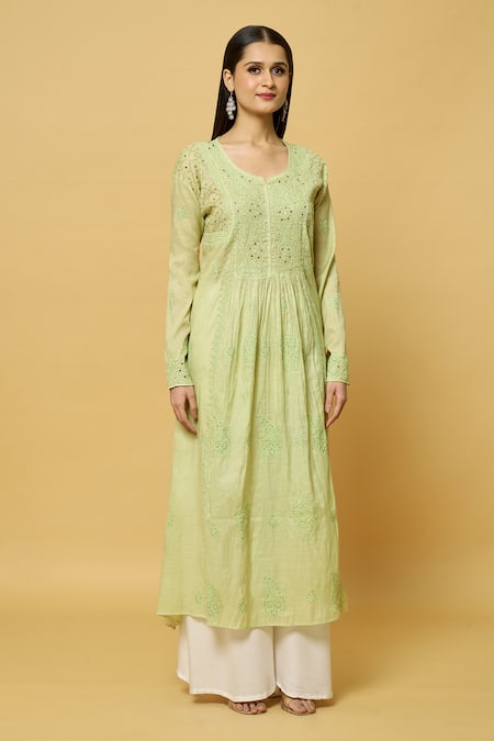 Buy Samyukta Singhania Green Faux Leather Embroidery Round Neck Bloom Thread And Mukaish Kurta Online at Aza Fashions Buy_Samyukta Singhania_Green Faux Leather Embroidery Round Neck Bloom Thread And Mukaish Kurta _Online_at_Aza_Fashions