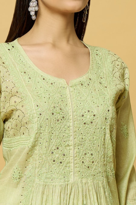 Shop Samyukta Singhania Green Faux Leather Embroidery Round Neck Bloom Thread And Mukaish Kurta Online at Aza Fashions Shop_Samyukta Singhania_Green Faux Leather Embroidery Round Neck Bloom Thread And Mukaish Kurta _Online_at_Aza_Fashions
