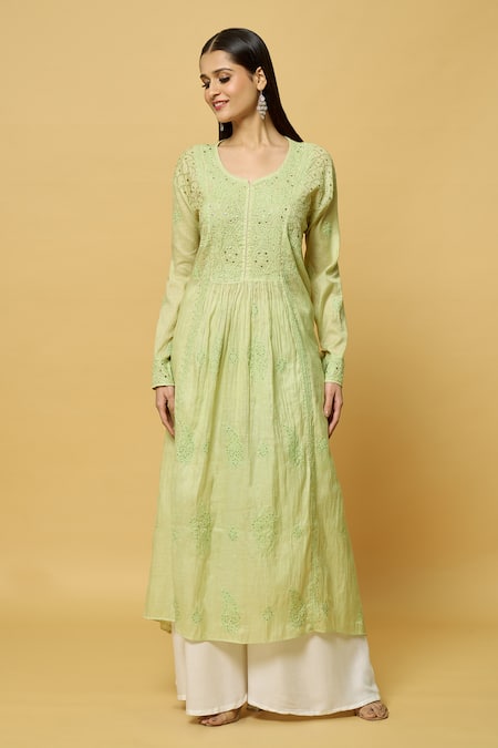 Samyukta Singhania Green Faux Leather Embroidery Round Neck Bloom Thread And Mukaish Kurta at Aza Fashions Samyukta Singhania_Green Faux Leather Embroidery Round Neck Bloom Thread And Mukaish Kurta _at_Aza_Fashions