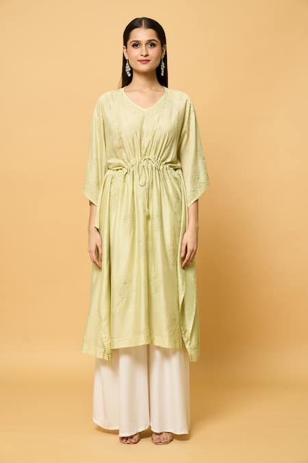 Samyukta Singhania Beige Chanderi Embroidery V-neck Chikankari Fleur Kaftan Online at Aza Fashions Samyukta Singhania_Beige Chanderi Embroidery V-neck Chikankari Fleur Kaftan _Online_at_Aza_Fashions