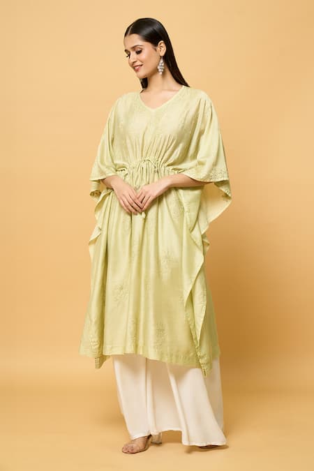 Buy Samyukta Singhania Beige Chanderi Embroidery V-neck Chikankari Fleur Kaftan Online at Aza Fashions Buy_Samyukta Singhania_Beige Chanderi Embroidery V-neck Chikankari Fleur Kaftan _Online_at_Aza_Fashions