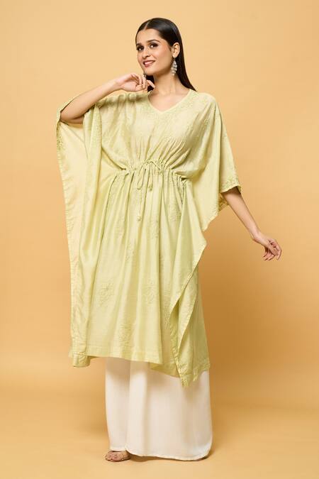 Shop Samyukta Singhania Beige Chanderi Embroidery V-neck Chikankari Fleur Kaftan Online at Aza Fashions Shop_Samyukta Singhania_Beige Chanderi Embroidery V-neck Chikankari Fleur Kaftan _Online_at_Aza_Fashions