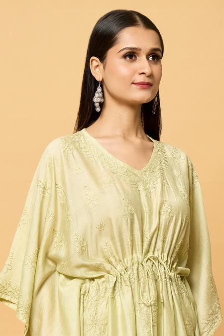 Samyukta Singhania Beige Chanderi Embroidery V-neck Chikankari Fleur Kaftan at Aza Fashions Samyukta Singhania_Beige Chanderi Embroidery V-neck Chikankari Fleur Kaftan _at_Aza_Fashions