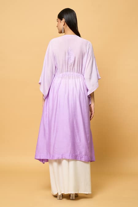 Shop Samyukta Singhania Purple Chanderi Embroidery V-neck Chikankari Phool Shaded Kaftan at Aza Fashions Shop_Samyukta Singhania_Purple Chanderi Embroidery V-neck Chikankari Phool Shaded Kaftan_at_Aza_Fashions