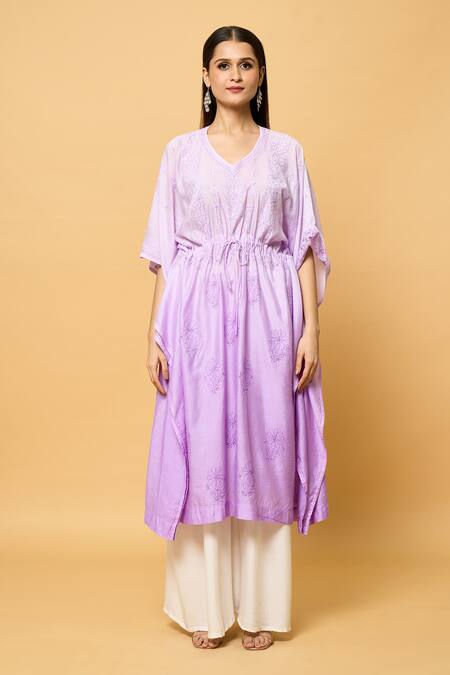 Samyukta Singhania Purple Chanderi Embroidery V-neck Chikankari Phool Shaded Kaftan Online at Aza Fashions Samyukta Singhania_Purple Chanderi Embroidery V-neck Chikankari Phool Shaded Kaftan_Online_at_Aza_Fashions