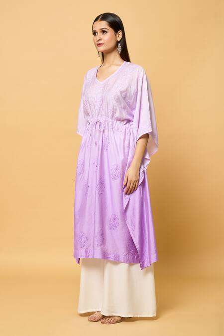 Buy Samyukta Singhania Purple Chanderi Embroidery V-neck Chikankari Phool Shaded Kaftan Online at Aza Fashions Buy_Samyukta Singhania_Purple Chanderi Embroidery V-neck Chikankari Phool Shaded Kaftan_Online_at_Aza_Fashions