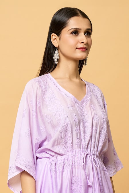 Shop Samyukta Singhania Purple Chanderi Embroidery V-neck Chikankari Phool Shaded Kaftan Online at Aza Fashions Shop_Samyukta Singhania_Purple Chanderi Embroidery V-neck Chikankari Phool Shaded Kaftan_Online_at_Aza_Fashions
