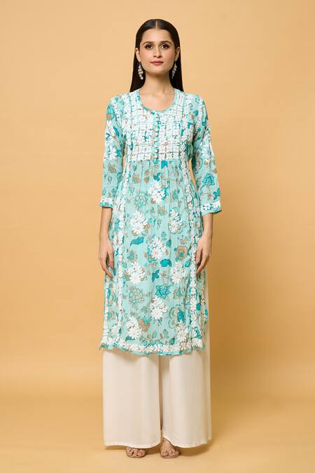 Samyukta Singhania Green Muslin Embroidery Round Neck Bahar Print And Chikankari Kurta Online at Aza Fashions Samyukta Singhania_Green Muslin Embroidery Round Neck Bahar Print And Chikankari Kurta_Online_at_Aza_Fashions