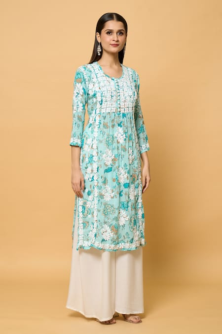 Buy Samyukta Singhania Green Muslin Embroidery Round Neck Bahar Print And Chikankari Kurta Online at Aza Fashions Buy_Samyukta Singhania_Green Muslin Embroidery Round Neck Bahar Print And Chikankari Kurta_Online_at_Aza_Fashions