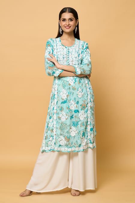 Shop Samyukta Singhania Green Muslin Embroidery Round Neck Bahar Print And Chikankari Kurta Online at Aza Fashions Shop_Samyukta Singhania_Green Muslin Embroidery Round Neck Bahar Print And Chikankari Kurta_Online_at_Aza_Fashions