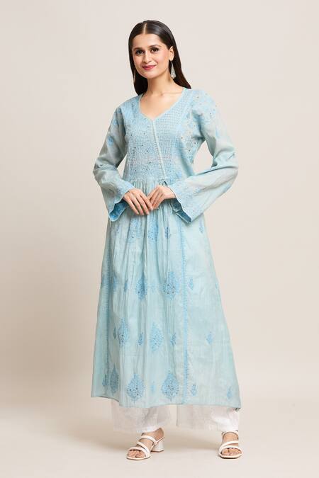 Adara Khan Blue Faux Tissue Embroidery Mukaish Leaf Neck Paisley Fleur Chikankari Kurta