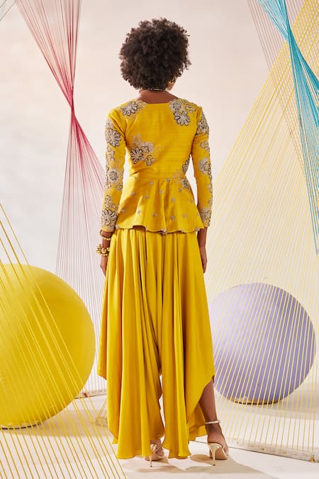 Shop_Anu Pellakuru_Yellow Silk, Modal Zari, Pearls V-neck Hand Embroidered Jacket And Palazzo Set _at_Aza_Fashions