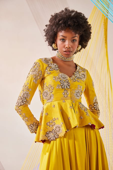 Buy_Anu Pellakuru_Yellow Silk, Modal Zari, Pearls V-neck Hand Embroidered Jacket And Palazzo Set _Online_at_Aza_Fashions