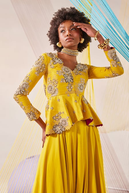 Shop_Anu Pellakuru_Yellow Silk, Modal Zari, Pearls V-neck Hand Embroidered Jacket And Palazzo Set _Online_at_Aza_Fashions