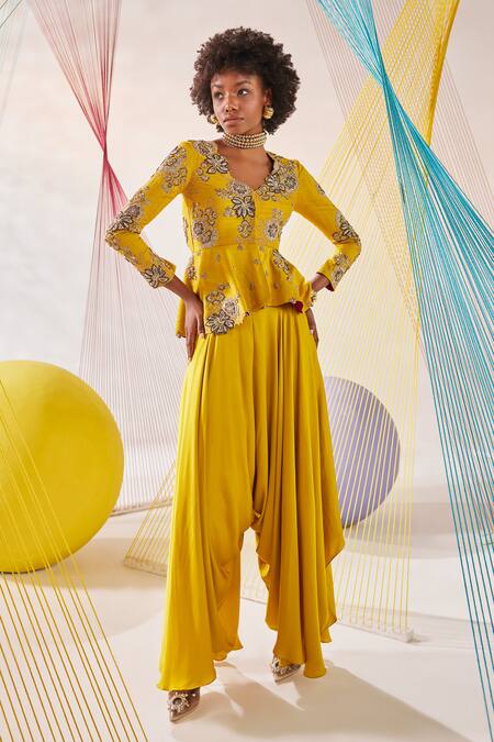 Anu Pellakuru_Yellow Silk, Modal Zari, Pearls V-neck Hand Embroidered Jacket And Palazzo Set _at_Aza_Fashions