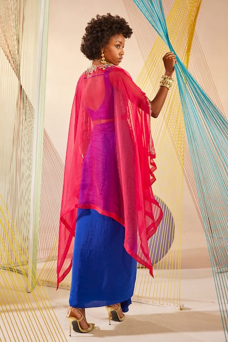 Anu Pellakuru Red Silk, Modal Embroidery Split V-neck Hand Cape Skirt Set Online at Aza Fashions Anu Pellakuru_Red Silk, Modal Embroidery Split V-neck Hand Cape Skirt Set _Online_at_Aza_Fashions