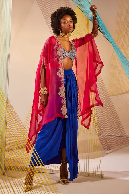 Buy Anu Pellakuru Red Silk, Modal Embroidery Split V-neck Hand Cape Skirt Set Online at Aza Fashions Buy_Anu Pellakuru_Red Silk, Modal Embroidery Split V-neck Hand Cape Skirt Set _Online_at_Aza_Fashions