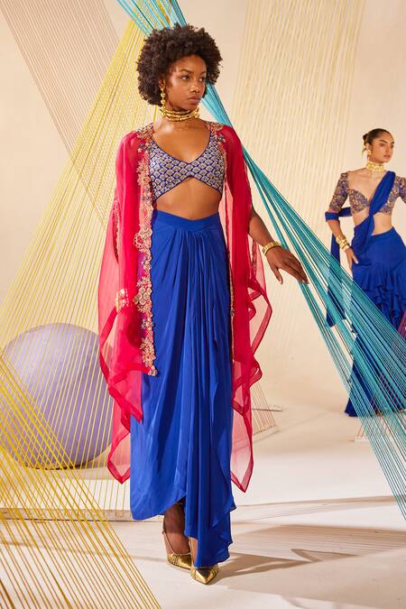 Shop Anu Pellakuru Red Silk, Modal Embroidery Split V-neck Hand Cape Skirt Set Online at Aza Fashions Shop_Anu Pellakuru_Red Silk, Modal Embroidery Split V-neck Hand Cape Skirt Set _Online_at_Aza_Fashions