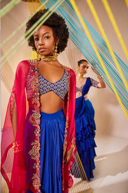 Anu Pellakuru Red Silk, Modal Embroidery Split V-neck Hand Cape Skirt Set at Aza Fashions Anu Pellakuru_Red Silk, Modal Embroidery Split V-neck Hand Cape Skirt Set _at_Aza_Fashions