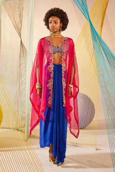 Buy Anu Pellakuru Red Silk, Modal Embroidery Split V-neck Hand Cape Skirt Set Buy_Anu Pellakuru_Red Silk, Modal Embroidery Split V-neck Hand Cape Skirt Set