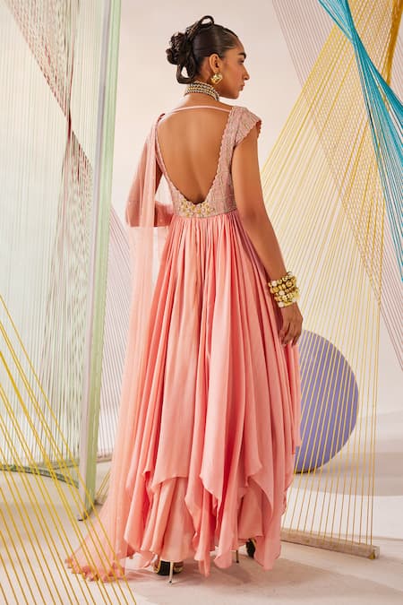 Shop_Anu Pellakuru_Peach Chiffon, Silk, Net Embroidery V-neck Hand Anarkali With Dupatta _at_Aza_Fashions