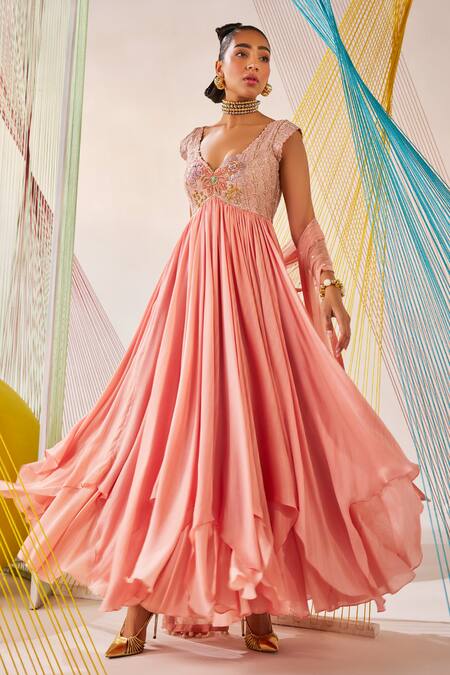 Anu Pellakuru_Peach Chiffon, Silk, Net Embroidery V-neck Hand Anarkali With Dupatta _Online_at_Aza_Fashions