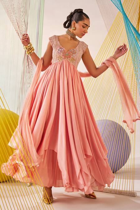 Buy_Anu Pellakuru_Peach Chiffon, Silk, Net Embroidery V-neck Hand Anarkali With Dupatta _Online_at_Aza_Fashions