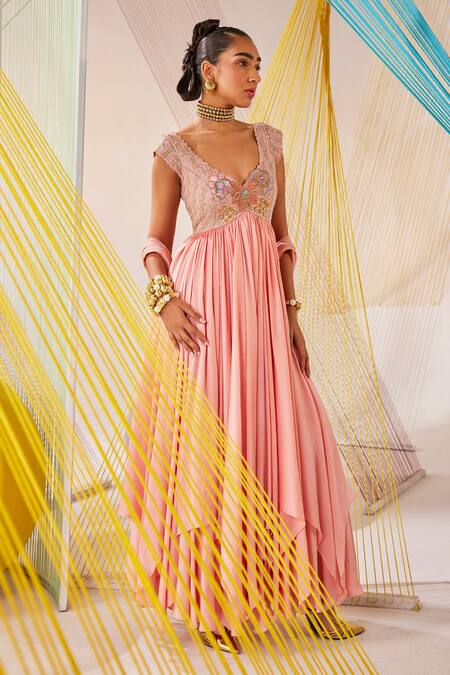 Shop_Anu Pellakuru_Peach Chiffon, Silk, Net Embroidery V-neck Hand Anarkali With Dupatta _Online_at_Aza_Fashions