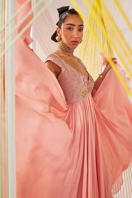 Anu Pellakuru_Peach Chiffon, Silk, Net Embroidery V-neck Hand Anarkali With Dupatta _at_Aza_Fashions