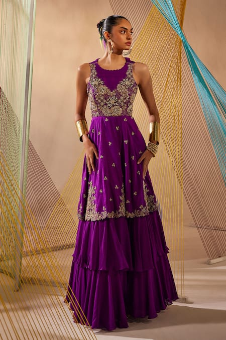 Anu Pellakuru Purple Raw Silk Hand Embroidered Zardosi Round Gown 