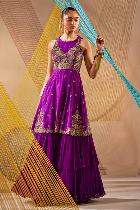 Shop Anu Pellakuru Purple Silk, Chiffon Zari, Pearls Round Neck Hand Embroidered Gown Online at Aza Fashions Shop_Anu Pellakuru_Purple Silk, Chiffon Zari, Pearls Round Neck Hand Embroidered Gown _Online_at_Aza_Fashions