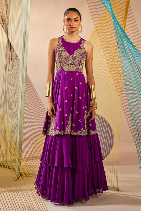 Anu Pellakuru Purple Silk, Chiffon Zari, Pearls Round Neck Hand Embroidered Gown at Aza Fashions Anu Pellakuru_Purple Silk, Chiffon Zari, Pearls Round Neck Hand Embroidered Gown _at_Aza_Fashions