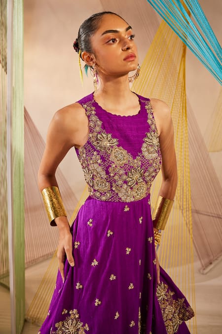 Buy Anu Pellakuru Purple Silk, Chiffon Zari, Pearls Round Neck Hand Embroidered Gown Buy_Anu Pellakuru_Purple Silk, Chiffon Zari, Pearls Round Neck Hand Embroidered Gown