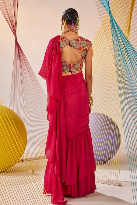 Anu Pellakuru Pink Silk, Chiffon Embroidery Sweetheart Pre-draped Ruffle Saree With Blouse Online at Aza Fashions Anu Pellakuru_Pink Silk, Chiffon Embroidery Sweetheart Pre-draped Ruffle Saree With Blouse _Online_at_Aza_Fashions
