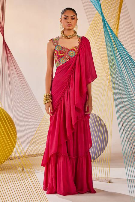 Buy Anu Pellakuru Pink Silk, Chiffon Embroidery Sweetheart Pre-draped Ruffle Saree With Blouse Online at Aza Fashions Buy_Anu Pellakuru_Pink Silk, Chiffon Embroidery Sweetheart Pre-draped Ruffle Saree With Blouse _Online_at_Aza_Fashions
