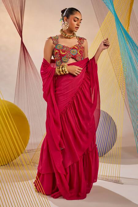 Shop Anu Pellakuru Pink Silk, Chiffon Embroidery Sweetheart Pre-draped Ruffle Saree With Blouse Online at Aza Fashions Shop_Anu Pellakuru_Pink Silk, Chiffon Embroidery Sweetheart Pre-draped Ruffle Saree With Blouse _Online_at_Aza_Fashions
