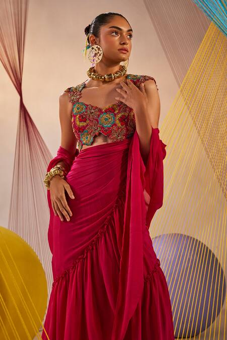 Anu Pellakuru Pink Silk, Chiffon Embroidery Sweetheart Pre-draped Ruffle Saree With Blouse at Aza Fashions Anu Pellakuru_Pink Silk, Chiffon Embroidery Sweetheart Pre-draped Ruffle Saree With Blouse _at_Aza_Fashions