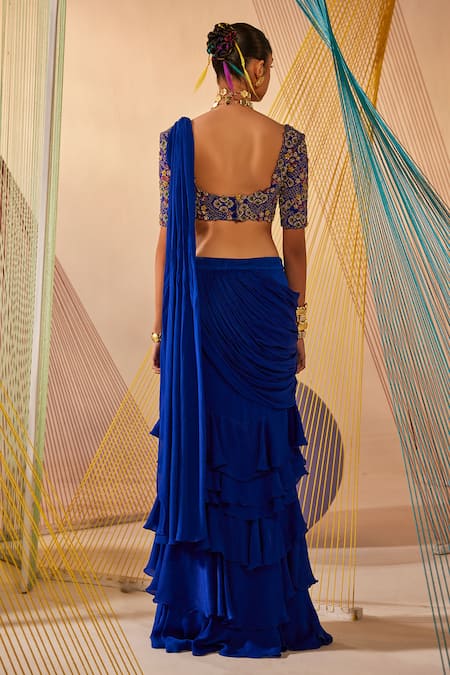 Anu Pellakuru_Blue Silk, Satin, Chiffon Zari, Embroidery Pre-draped Saree With Blouse _Online_at_Aza_Fashions