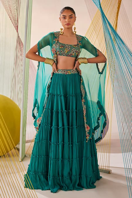 Anu Pellakuru Blue Cape Organza Hand Embroidered Resham Knots Round Lehenga Set 